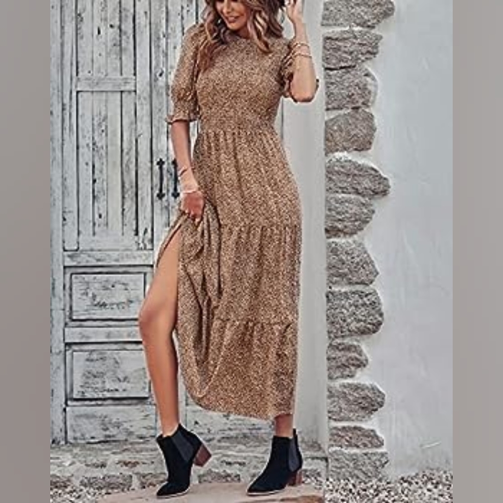 Btfbm Bohemian Leopard Print Tiered Smocked Maxi … - image 2